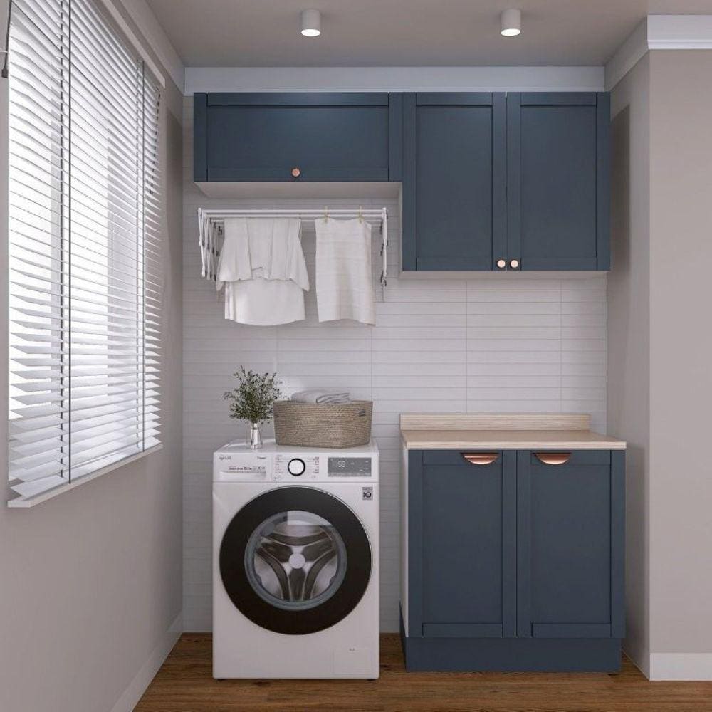 Lavanderia Modulada 2 Peças 1 Armário Aéreo 3 Portas 1 Balcão Cabecasa Madeiramadeira Azul/Branco