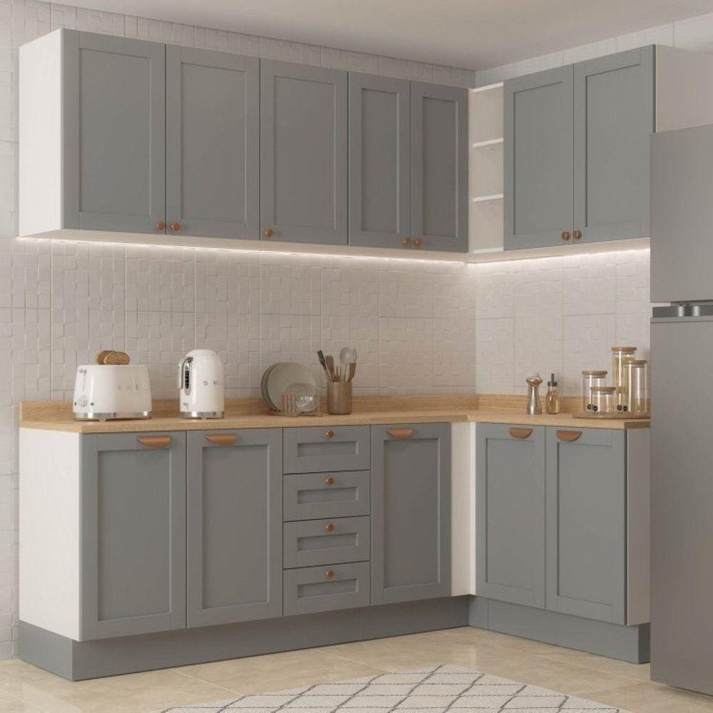 Cozinha Modulada 6 Peças 3 Armários Aéreos e Nichos, 3 Balcões Cabecasa Madeiramadeira Cinza/Branco
