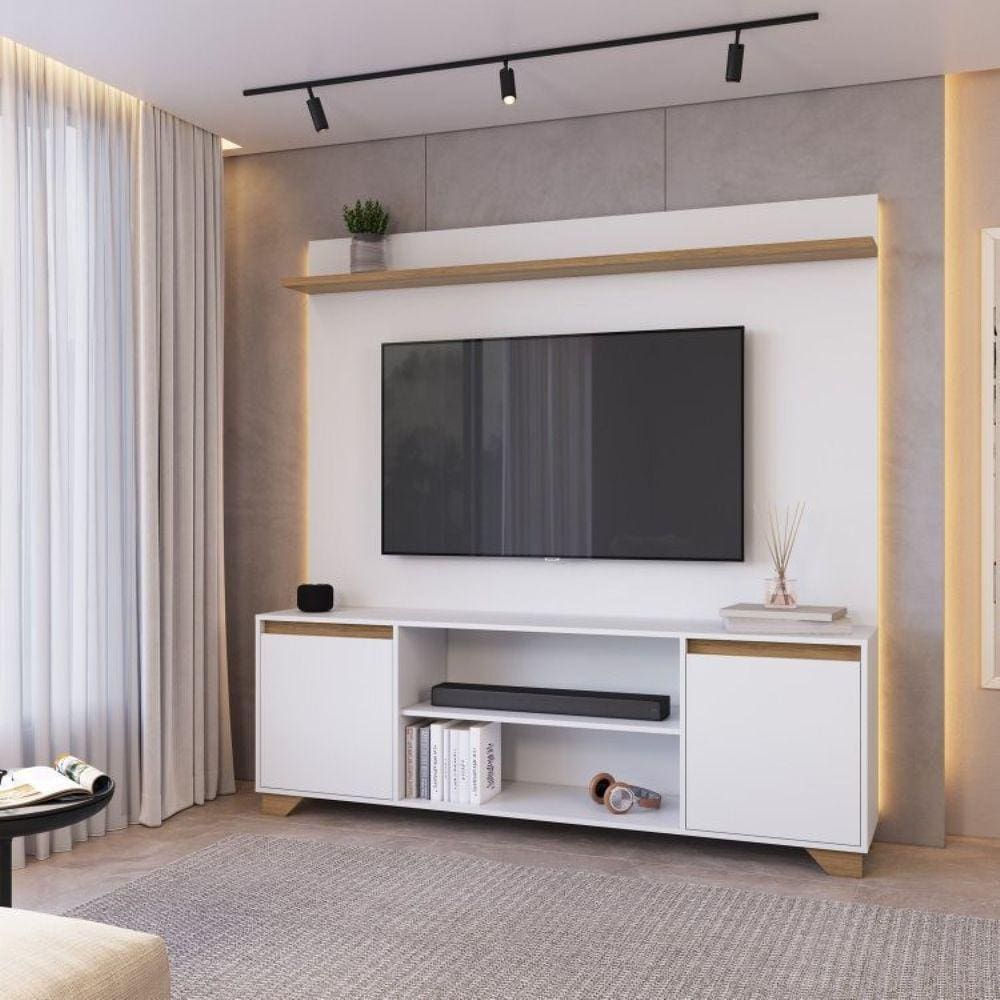 Conjunto Sala de Estar Rack 2 Portas com Painel para Tv até 50 Polegadas Benevello Branco/Siena