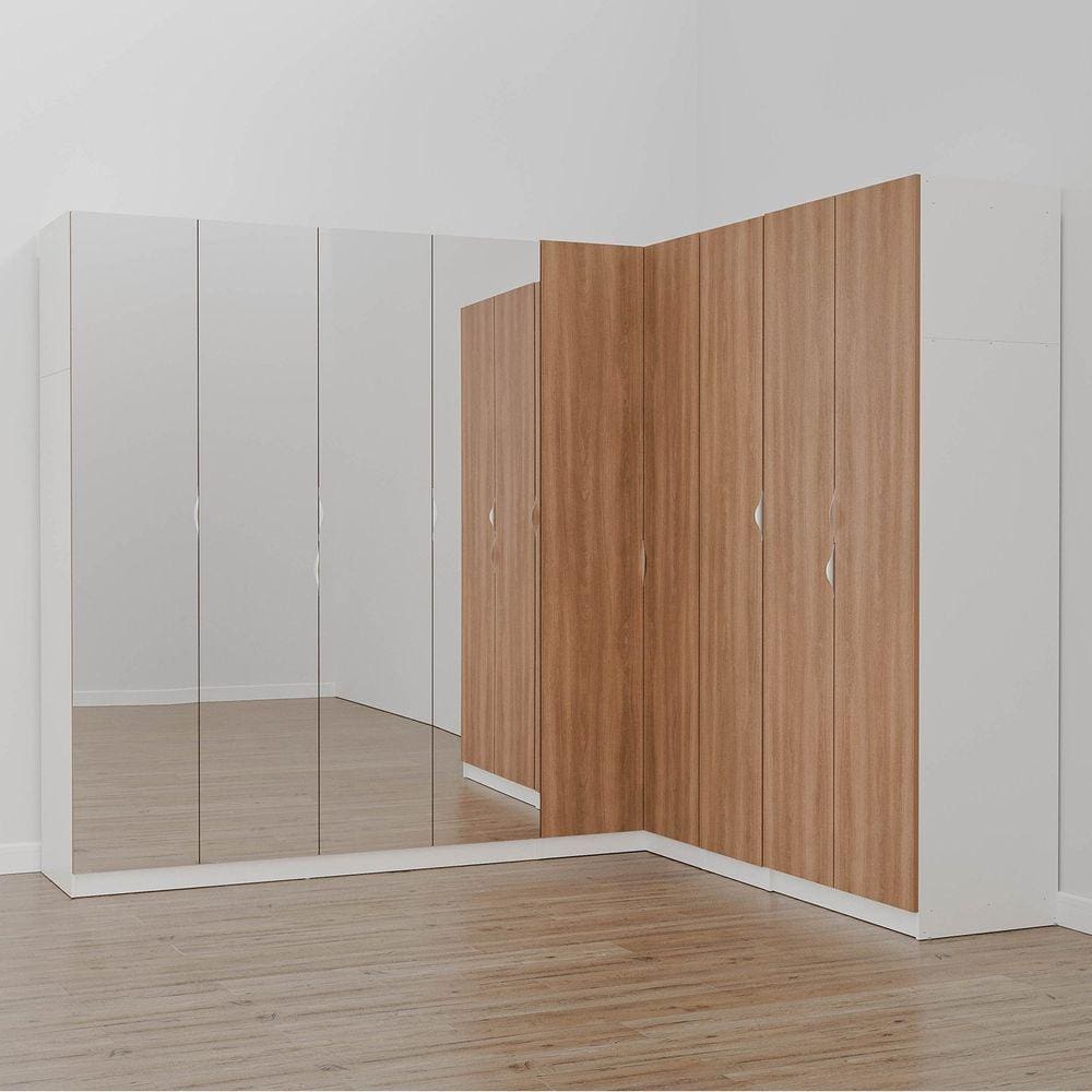 Guarda Roupa Modulado de Canto com Espelho 9 Portas 4 Peças Hera Cabecasa Madeiramadeira Branco Geada/Louro/Cromado