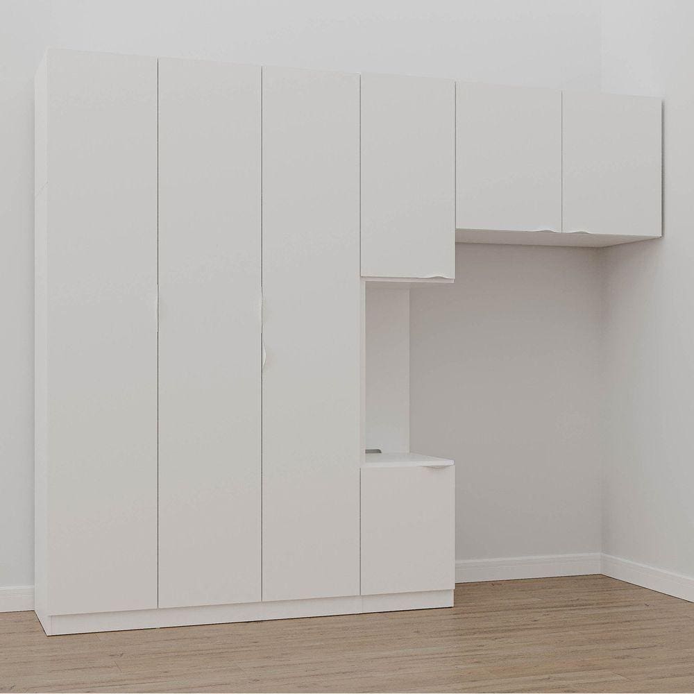 Guarda Roupa Modulado de Solteiro com Mesa de Cabeceira Esquerda 7 Portas 3 Peças Hera Cabecasa Made Branco Geada/Cromado