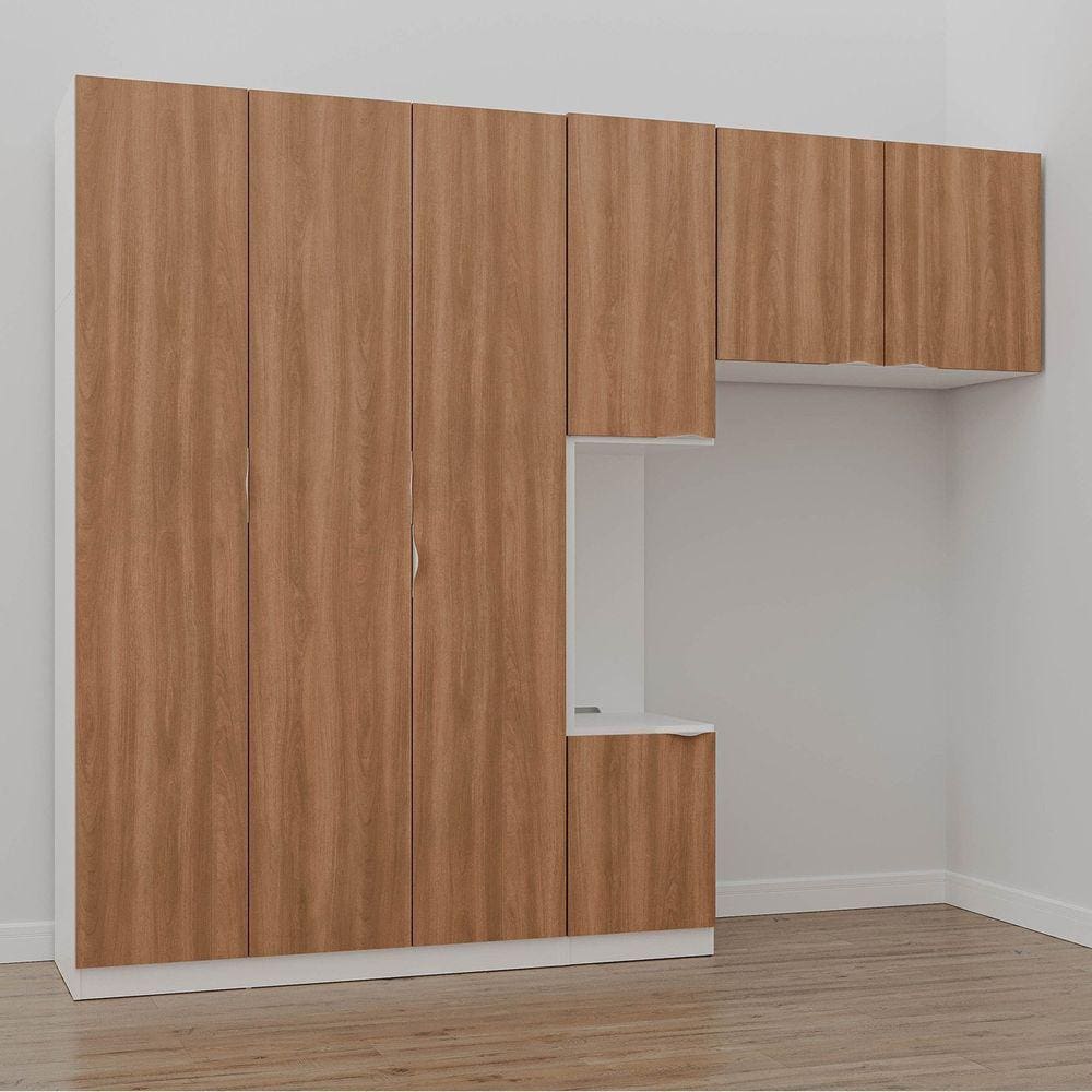 Guarda Roupa Modulado de Solteiro com Mesa de Cabeceira Esquerda 7 Portas 3 Peças Hera Cabecasa Made Branco Geada/Louro/Cromado