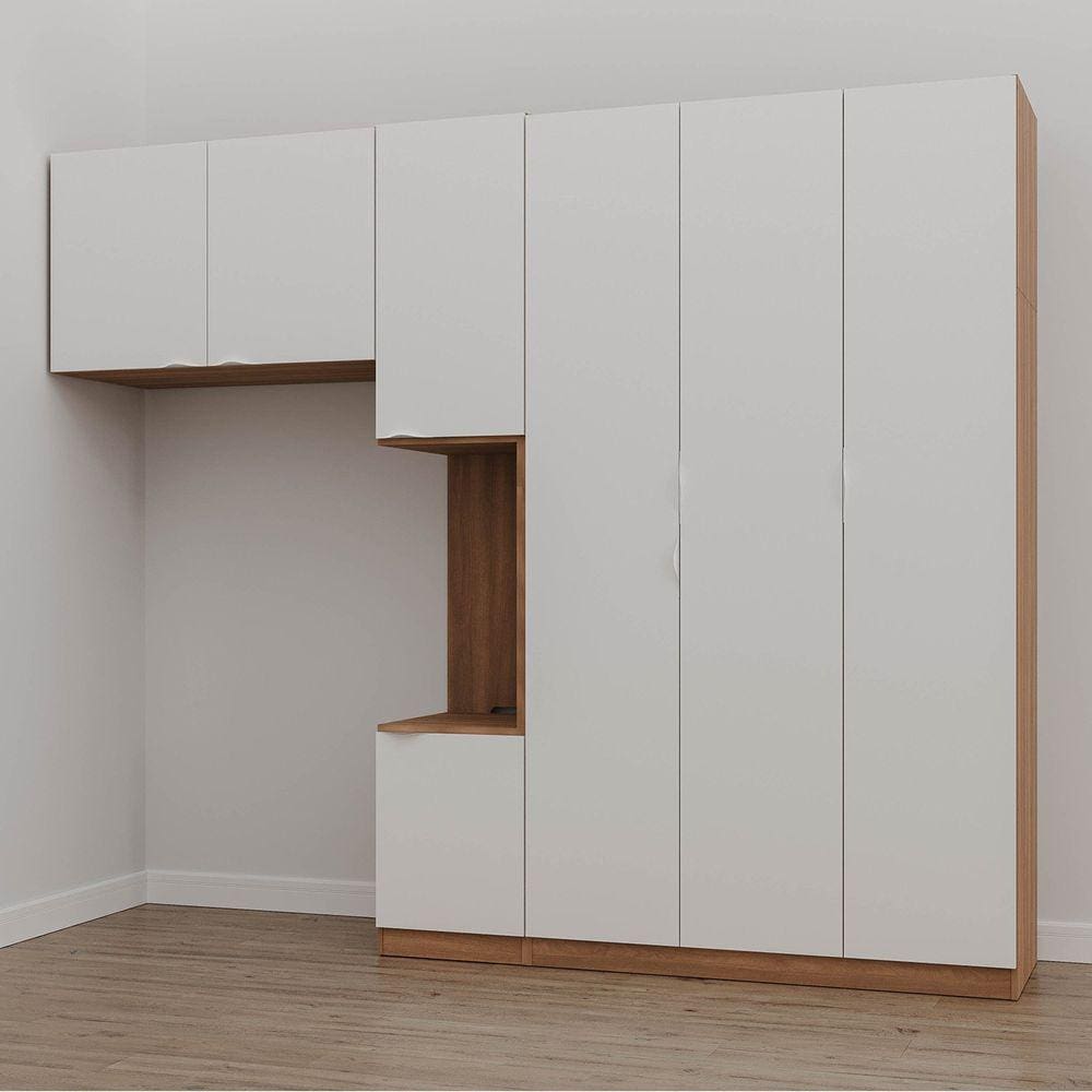 Guarda Roupa Modulado de Solteiro com Mesa de Cabeceira Direita 7 Portas 3 Peças Hera Cabecasa Madei Louro/Branco Geada/Cromado