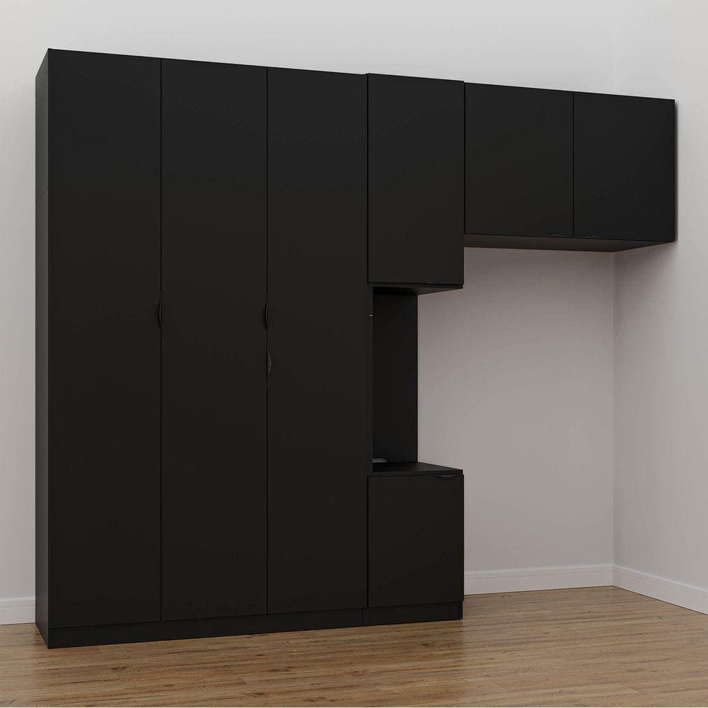 Guarda Roupa Modulado de Solteiro com Mesa de Cabeceira Esquerda 7 Portas 3 Peças Hera Cabecasa Made Preto/Preto