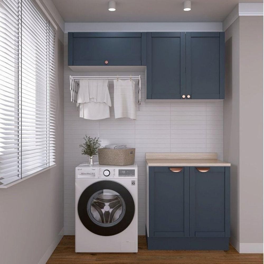 Lavanderia Modulada 3 Peças 2 Armários Aéreos 1 Balcão 2 Portas Cabecasa Madeiramadeira Azul/Branco
