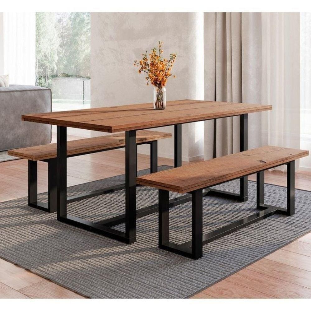 Conjunto de Jantar Mesa 210cm com 2 Bancos Rústico Industrial Lumber Yescasa Marrom/Preto