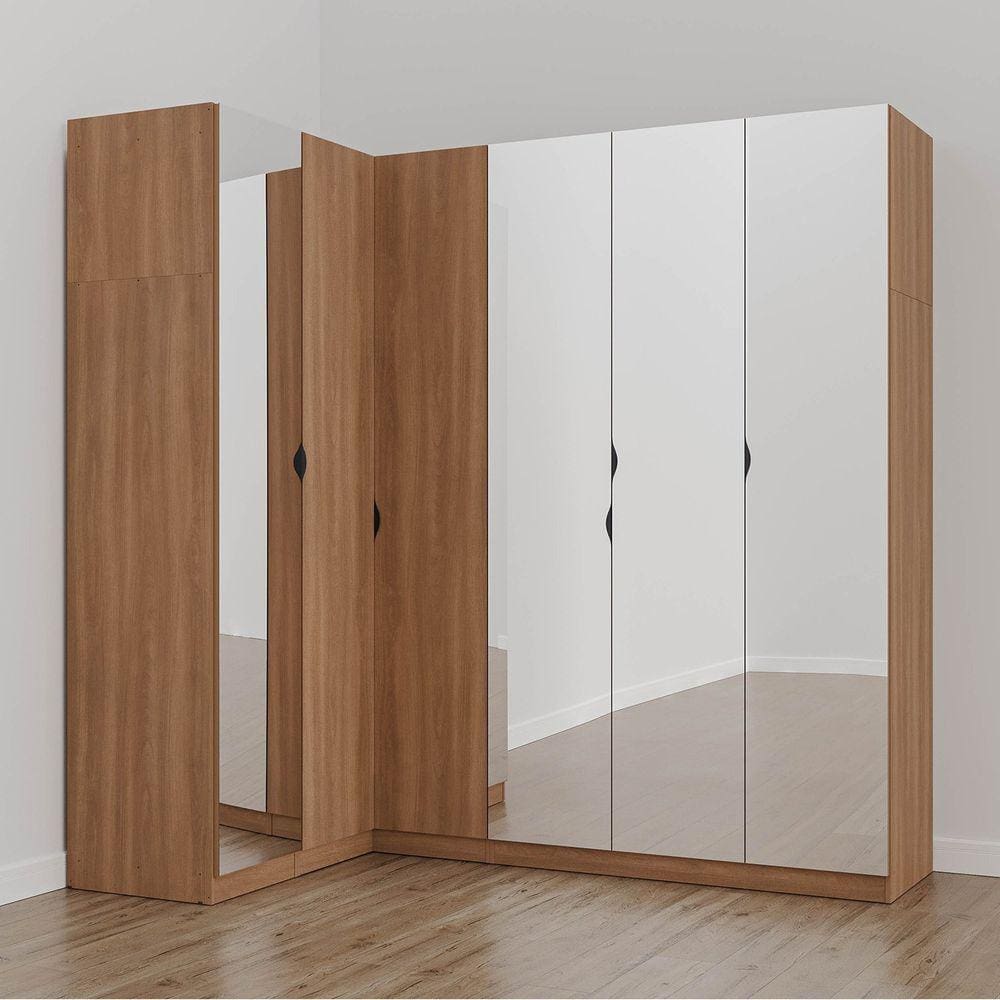 Guarda Roupa Modulado de Canto com Espelho 6 Portas 3 Peças Hera Cabecasa Madeiramadeira Louro/Preto