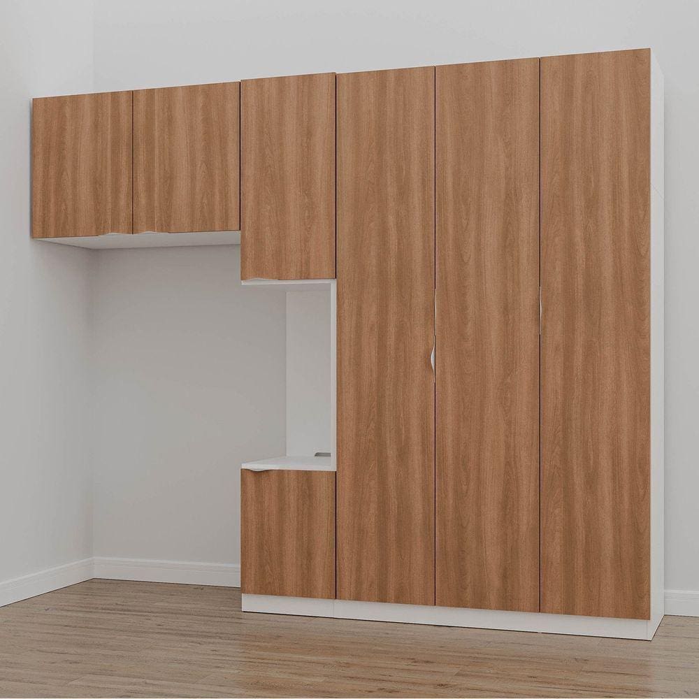 Guarda Roupa Modulado de Solteiro com Mesa de Cabeceira Direita 7 Portas 3 Peças Hera Cabecasa Madei Branco Geada/Louro/Cromado