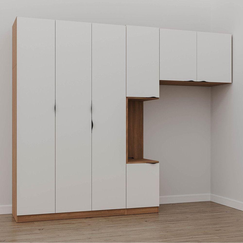 Guarda Roupa Modulado de Solteiro com Mesa de Cabeceira Esquerda 7 Portas 3 Peças Hera Cabecasa Made Louro/Branco Geada/Preto