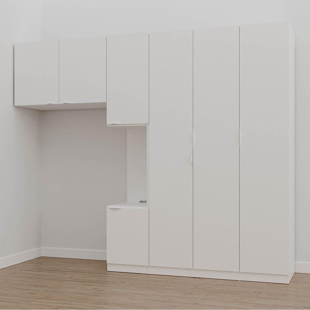 Guarda Roupa Modulado de Solteiro com Mesa de Cabeceira Direita 7 Portas 3 Peças Hera Cabecasa Madei Branco Geada/Cromado