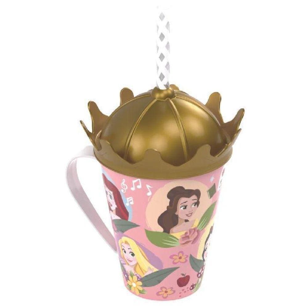 Caneca Princesas 360 Ml Com Tampa Coroa Canudo Plasutil