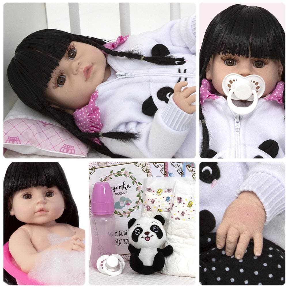 Boneca Reborn Panda Corpo De Silicone 13 Acessórios Morena