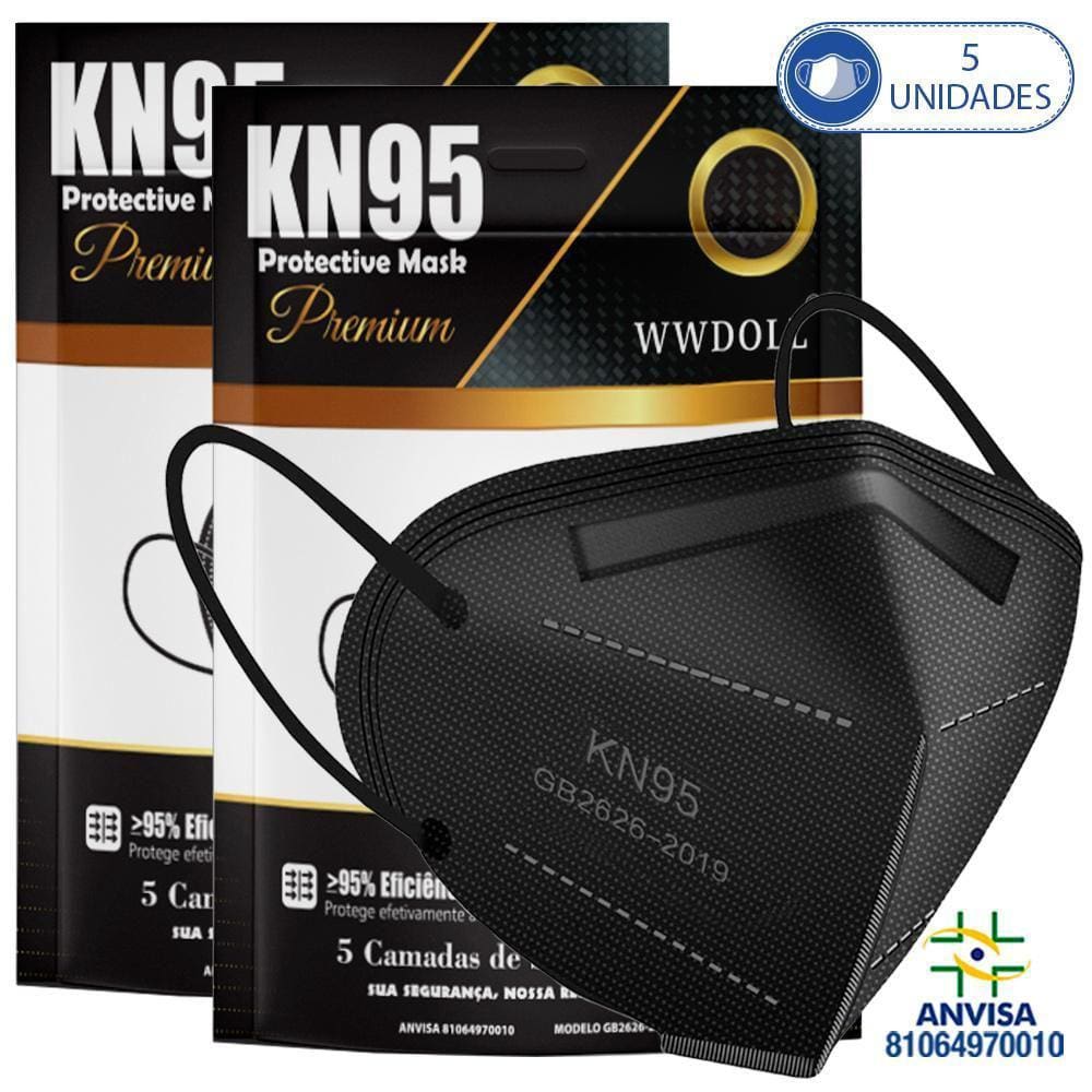 5 Máscaras Respiratórias Kn95 Pff2 Wwdoll 5 Camadas Preta