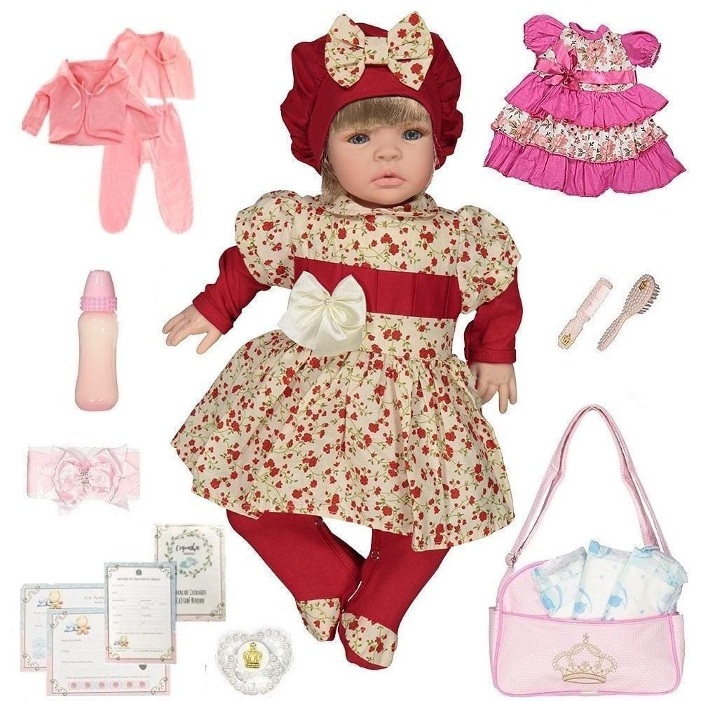 Bebê Reborn De Luxo Loira Vermelho Cegonha Dolls 23 Itens