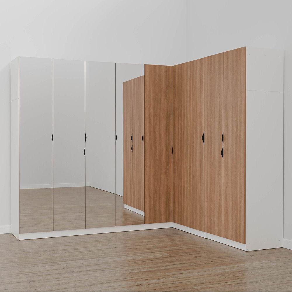 Guarda Roupa Modulado de Canto com Espelho 9 Portas 4 Peças Hera Cabecasa Madeiramadeira Branco Geada/Louro/Preto