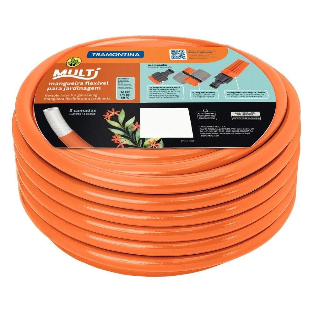 Mangueira Multi 1/2`` Laranja em PVC 3 Camadas 25MT com Engates Rapidos e Esguicho - Tramontina