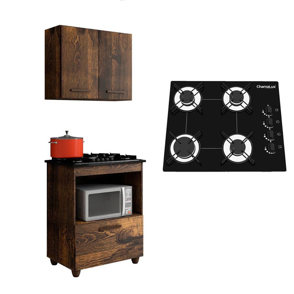 Kit Cozinha Balcão Armário Salvia e Cooktop 4 Bocas Chamalux