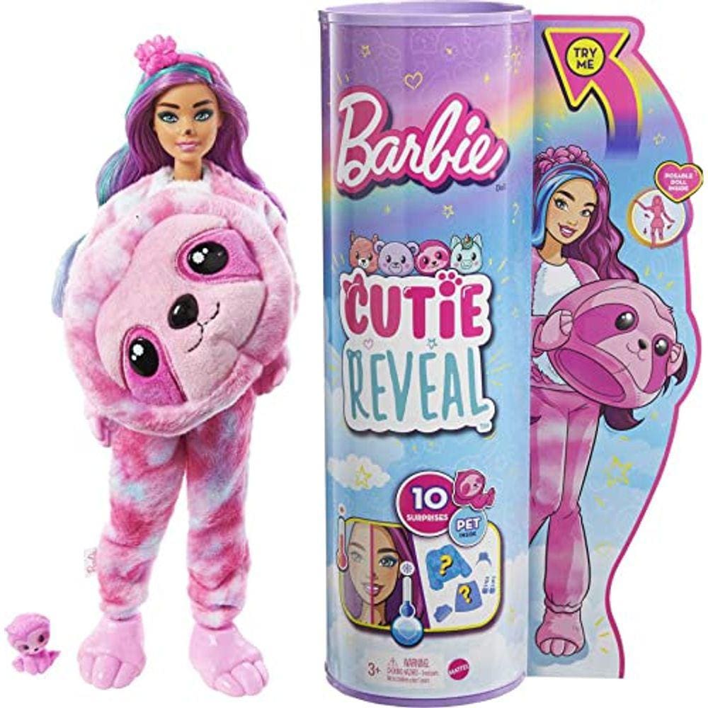 Barbie Cutie revela boneca série fantasia com preguiça -plush costume & 10 surpresas incluindo Mini Pet & Color Change, Presente para Crianças 3 Anos