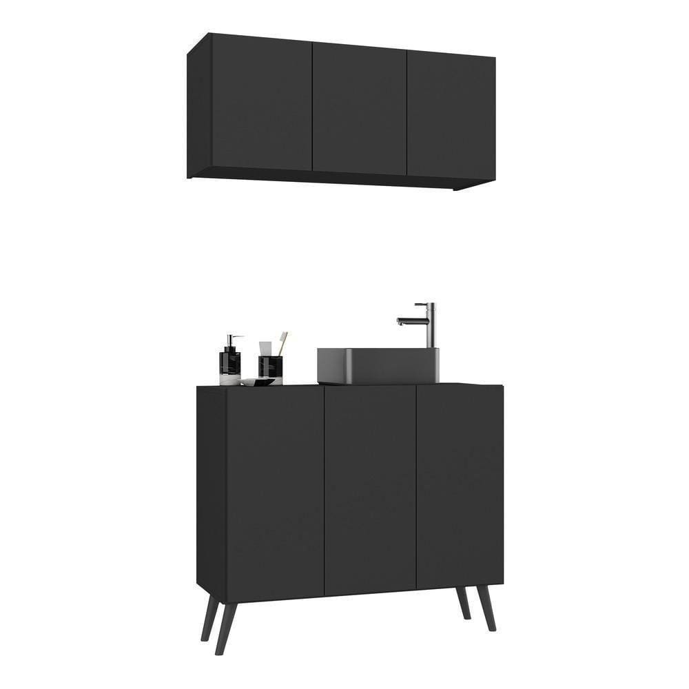 Conjunto Gabinete De Banheiro E Armário Aéreo Retrô Mp5055 Preto Preto