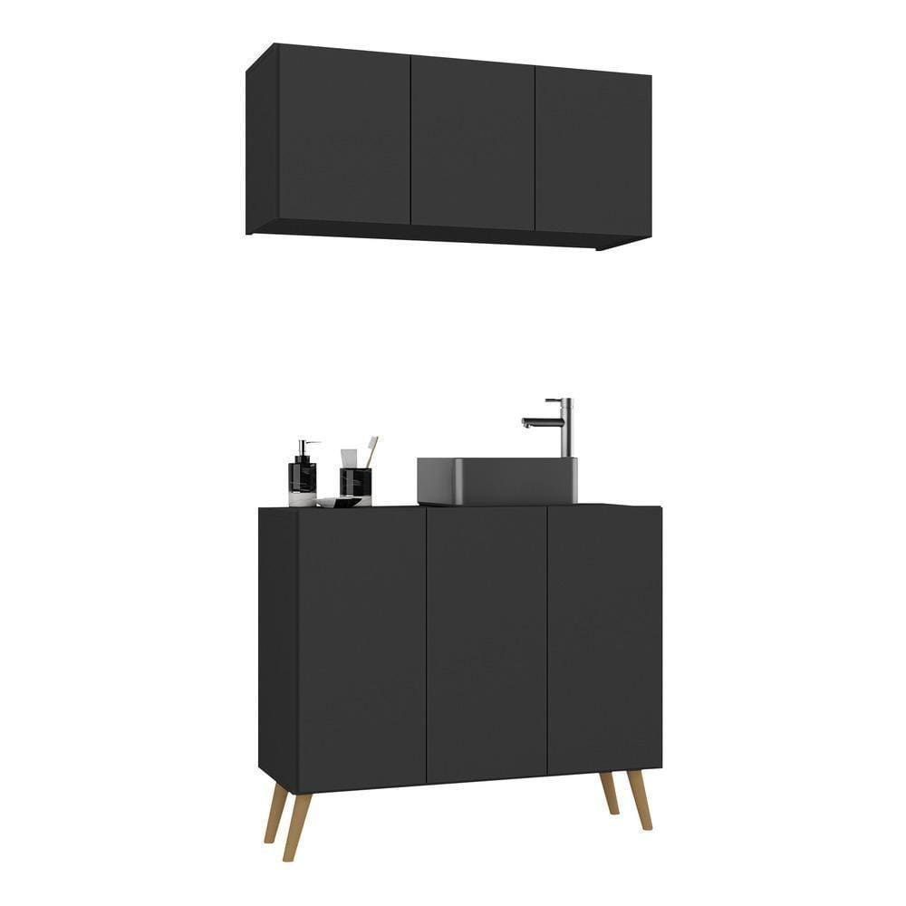 Conjunto Gabinete De Banheiro E Armário Aéreo Retrô Mp5055 Preto natural