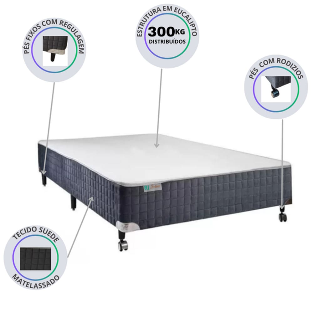 Base Box Castor Silver Star Suede Cinza Casal 138X188x40 - Cama Estrutura Eucalipto