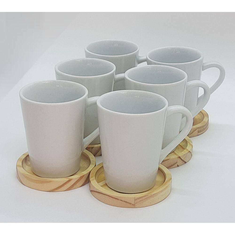 Jogo 6 canecas 220ml c/ pires de Pinus - Porcelana branca