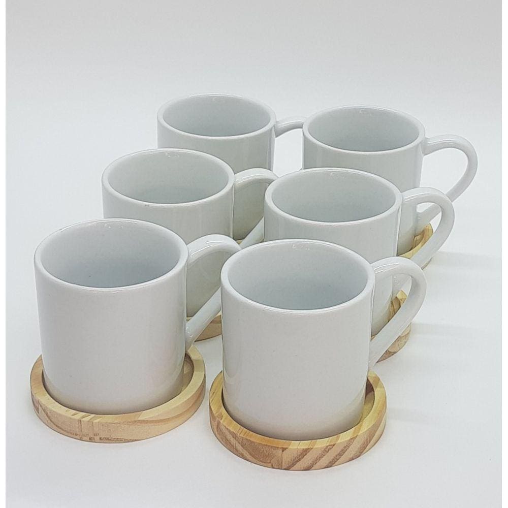 Jogo 6 canecas 210ml c/ pires de Pinus - Porcelana branca