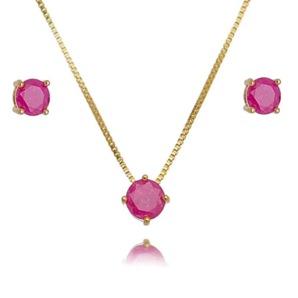 Conjunto Ponto de Luz Fuschia - Banhado em Ouro 18k