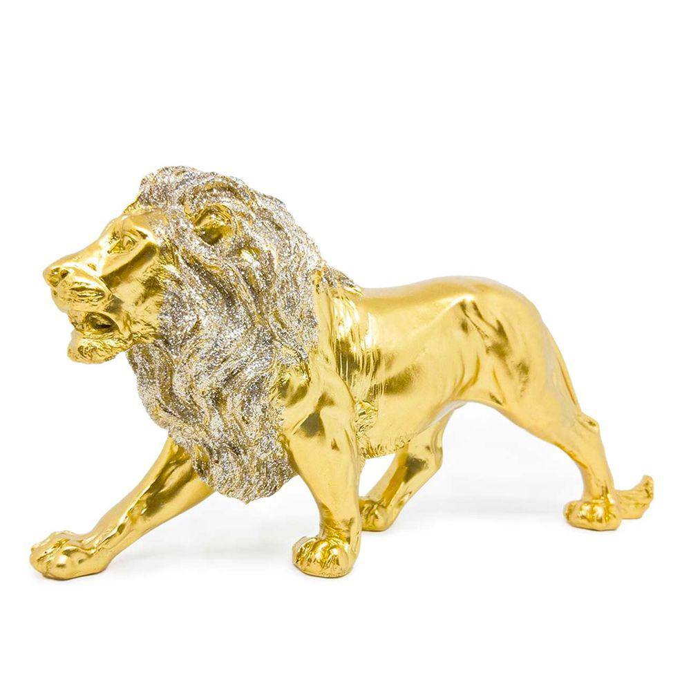 Estatua Enfeite de Resina Leão Dourado Brilhante 40cm