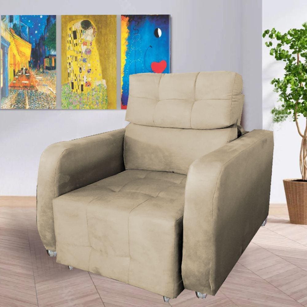 Poltrona Reclinavel Sala De Estar Safira Amamentação  Bege Suede