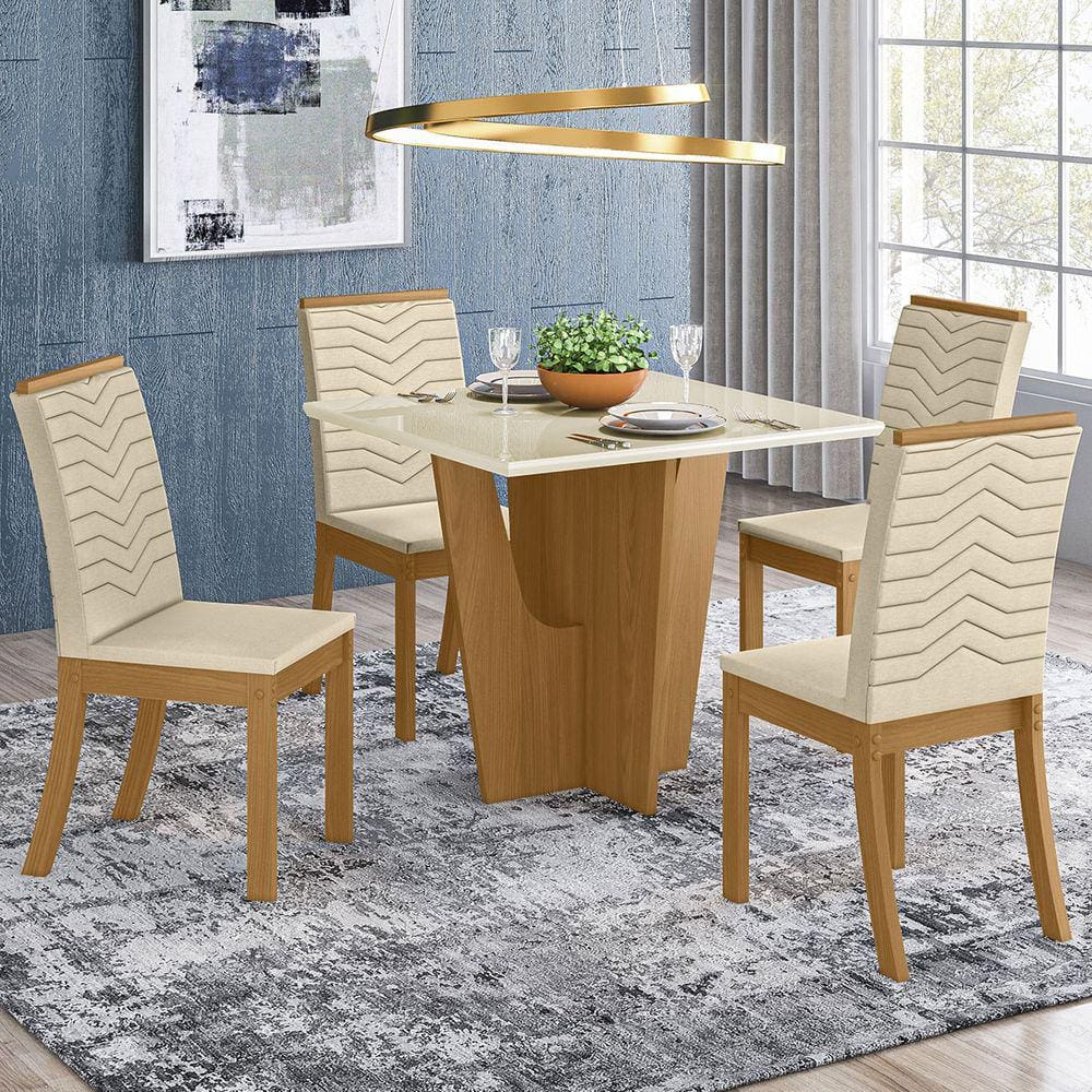 Mesa de Jantar 4 Lugares Scarlett com Vidro Nature/Off White/Linho - Panorama Móveis