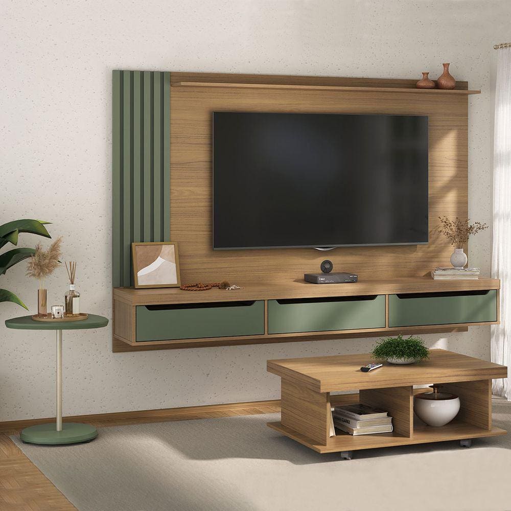 Sala de Estar Completa para TV Até 75 Polegadas Luxo Carvalho/Menta - Pnr Móveis