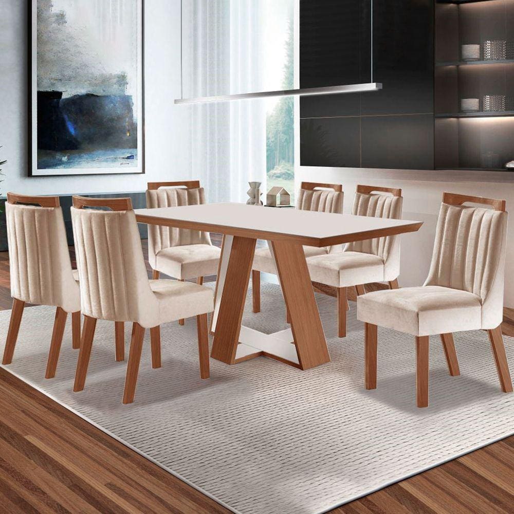 Mesa de Jantar 6 Lugares Viena com Vidro Prêmio/Off White/Creme - Lj Móveis