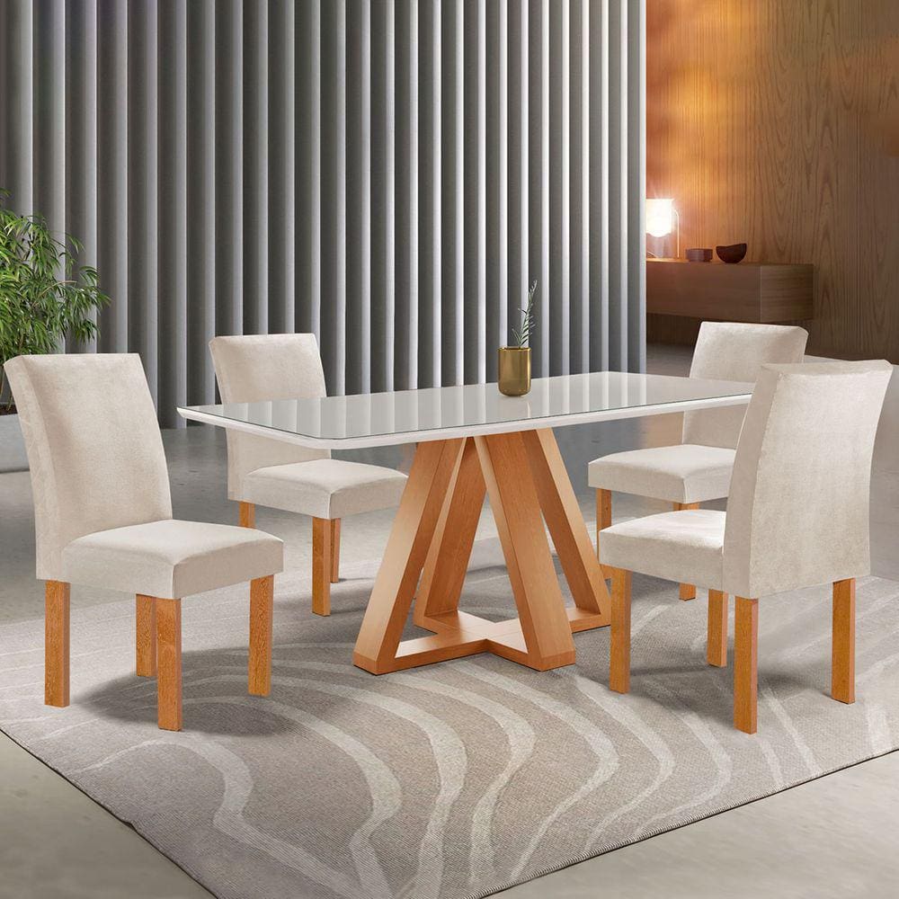 Mesa de Jantar 4 Lugares Kyra/Canela com Vidro Cinamomo/Off White/Suede Bege - Cel Móveis