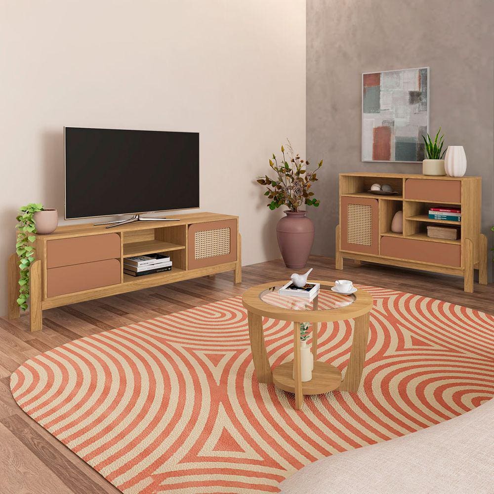 Sala de Estar Completa para TV Até 65 Polegadas Carvalho/Terracota - Pnr Móveis