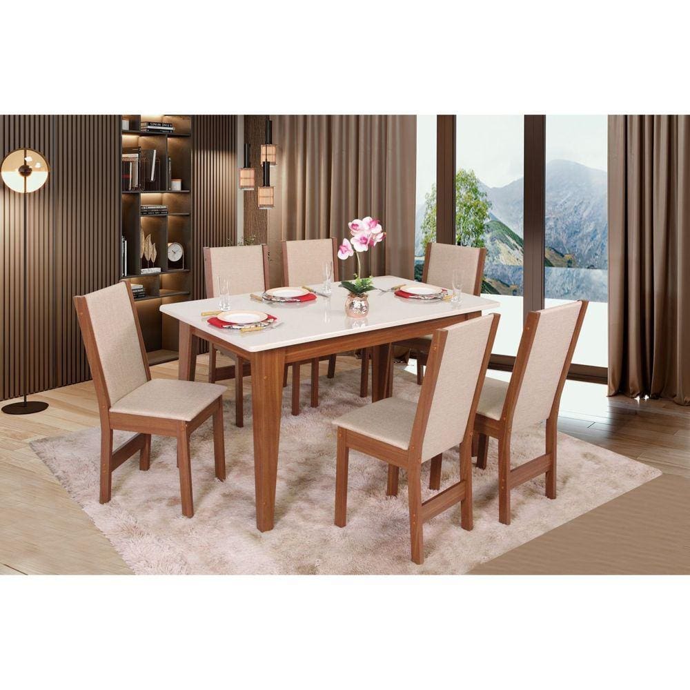 Conjunto de Sala de Jantar Mesa Retangular Giovana com 6 Cadeiras Nobre Marromlle/Off White