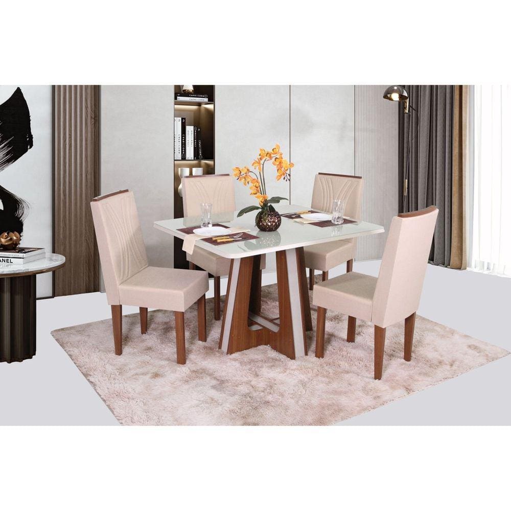 Conjunto Sala de Jantar Mesa Retangular Vitória com 4 Cadeiras Helena com Apliques Marromlle/Off White