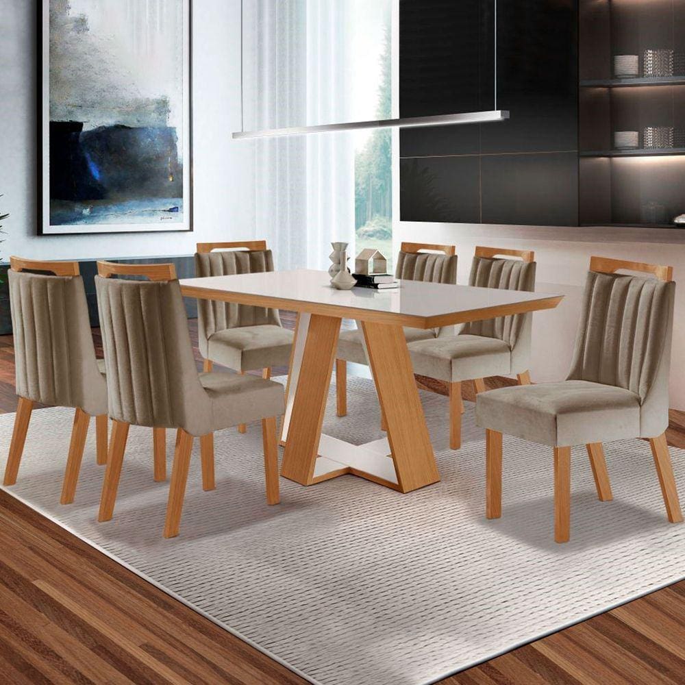 Mesa de Jantar 6 Lugares Viena com Vidro Cinamomo/Off White/Capuccino - Lj Móveis