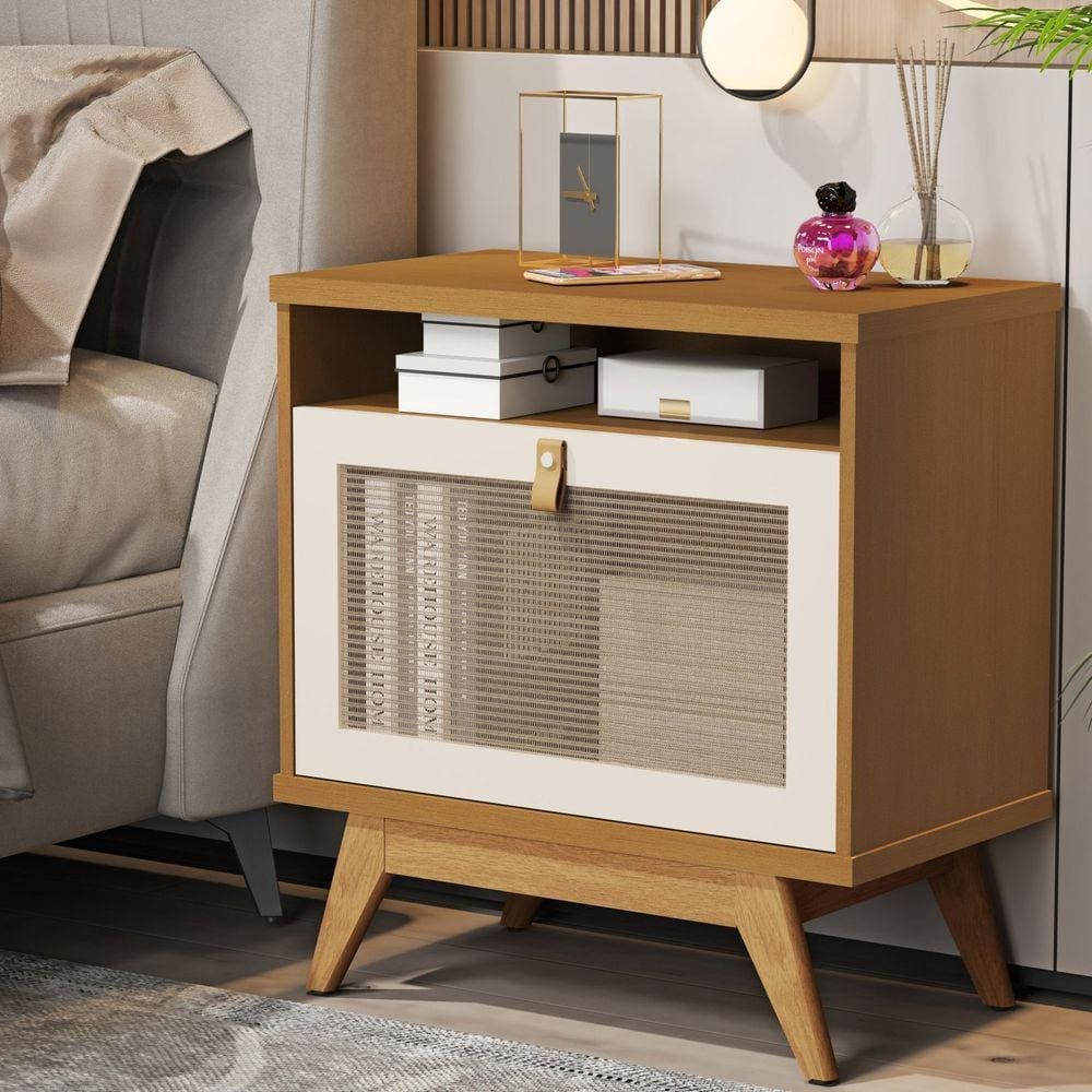 Mesa Cabeceira Jb 2300 com Porta em Rattan e Puxador de Couro Marrom/Pérola