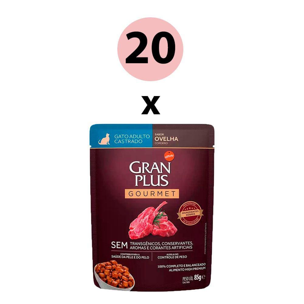 KIT 20 Ração Úmida Gran Plus Gourmet Gatos Castrados Ovelha Sachê 85g