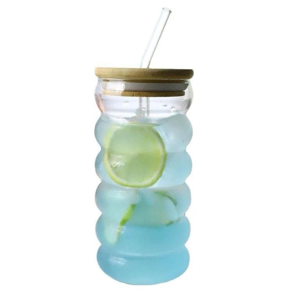 Copo de Vidro com Canudo e Tampa em Bambu 480ML