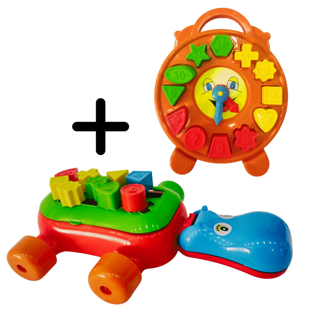 Kit 2 Brinquedos Didáticos Educativos Para Bebê - Hipopótamo E Relógio Com Peças De Encaixar