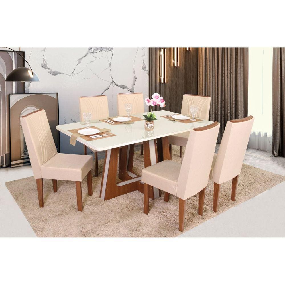 Conjunto Sala de Jantar Mesa Retangular Vitória com 6 Cadeiras Helena com Apliques Marromlle/Off White
