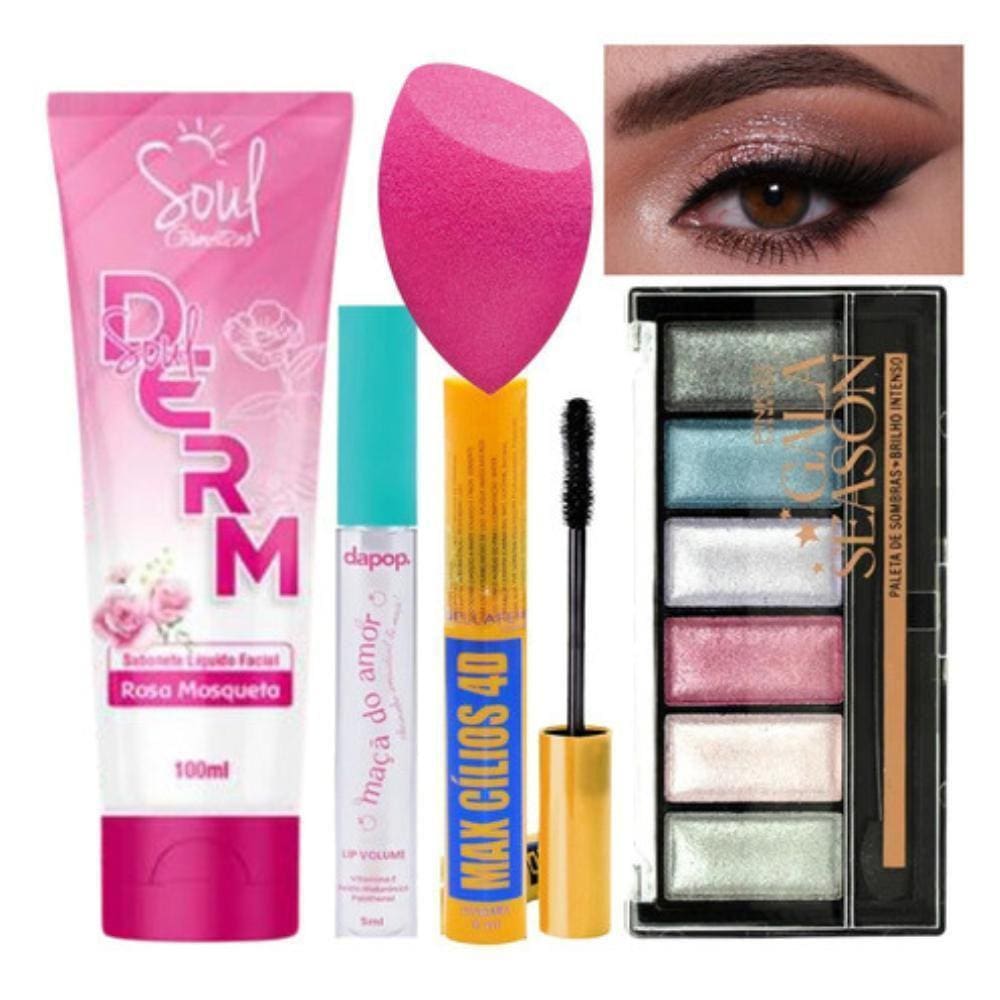 Kit De Maquiagem Esponja Gloss Batom Paleta De Sombra