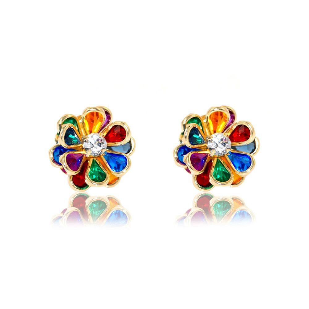 Brinco Flor Colorida Banhado A Ouro 18K