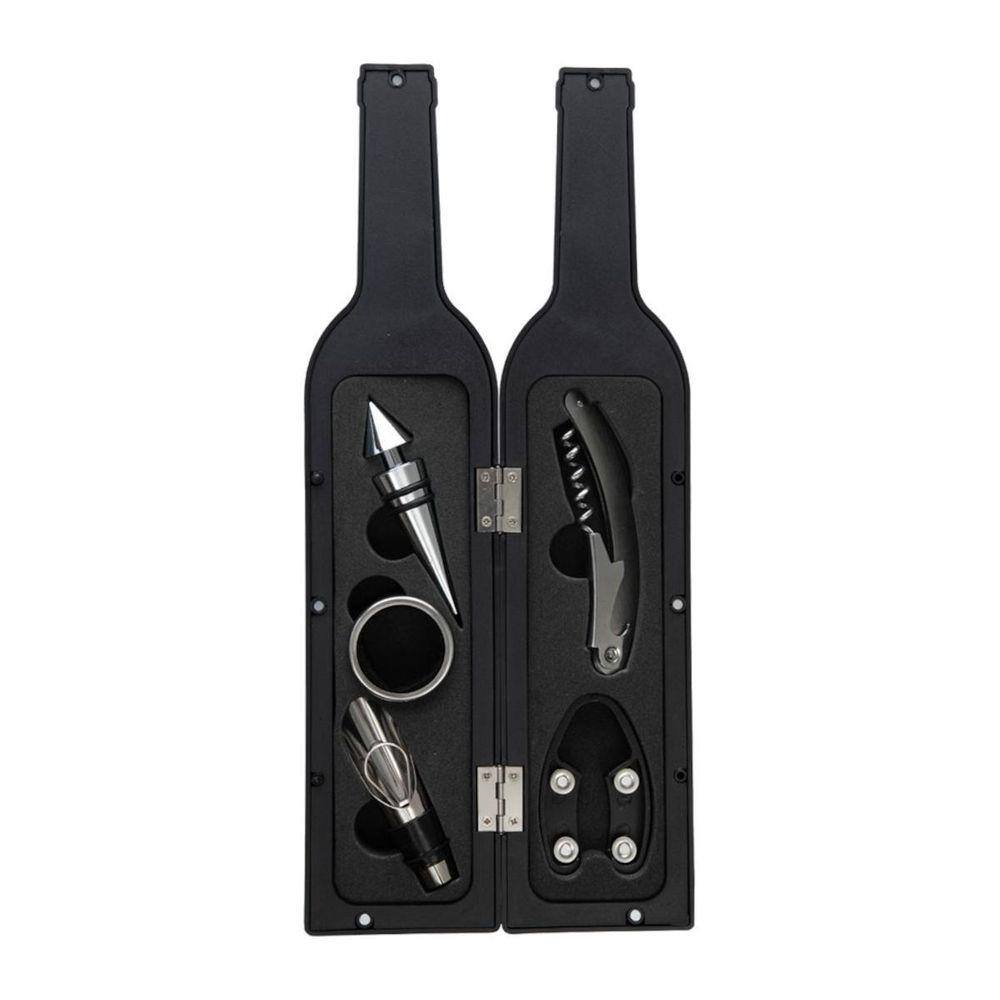 Kit Abridor Vinho Saca Rolha Inox 5 Peças Garrafa Preta