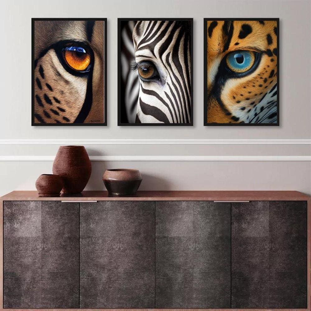 Kit 3 Quadros Decorativos Olhos De Animais 33X24Cm
