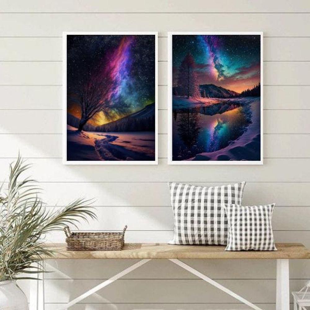Kit 2 Quadros Decorativos Aurora Boreal 45X34Cm - Com Vidro