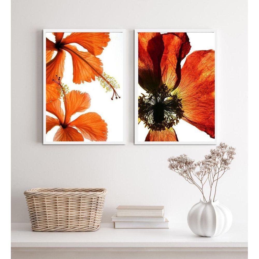 Kit 2 Quadros Flores Modernas Alaranjadas 45X34Cm - Vidro