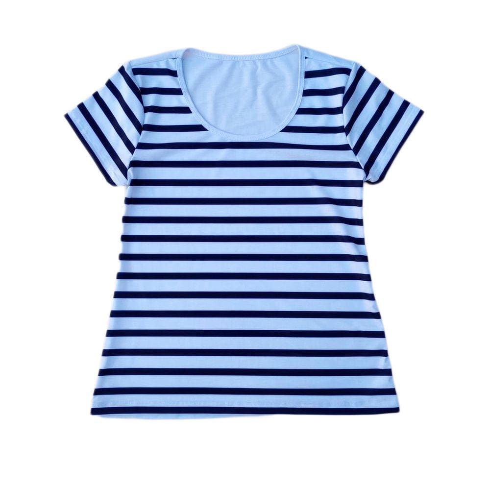 Camiseta Adulta Feminina Listrada Branca Azul